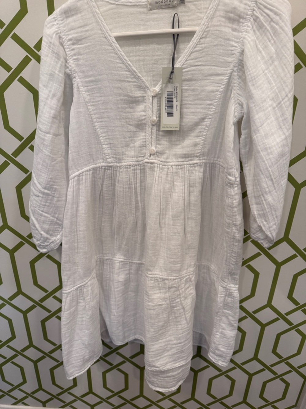 Mododoc Darling White Double Gauze Boho‎ Dress with 3/4 sleeves!